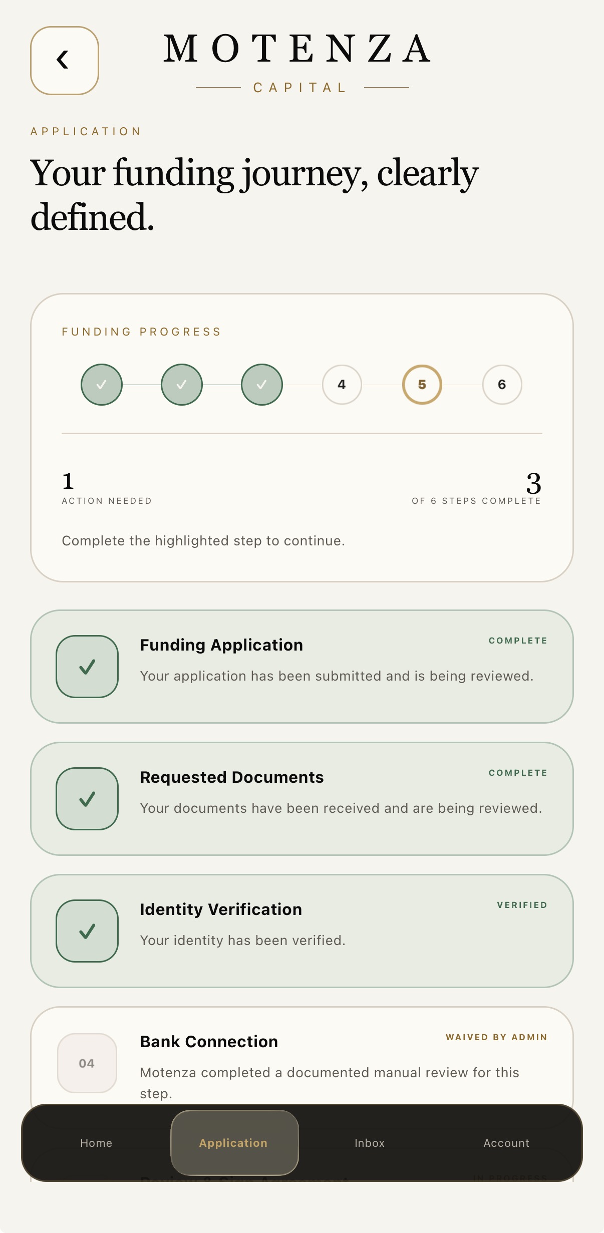 Motenza funding progress screen with six application stages