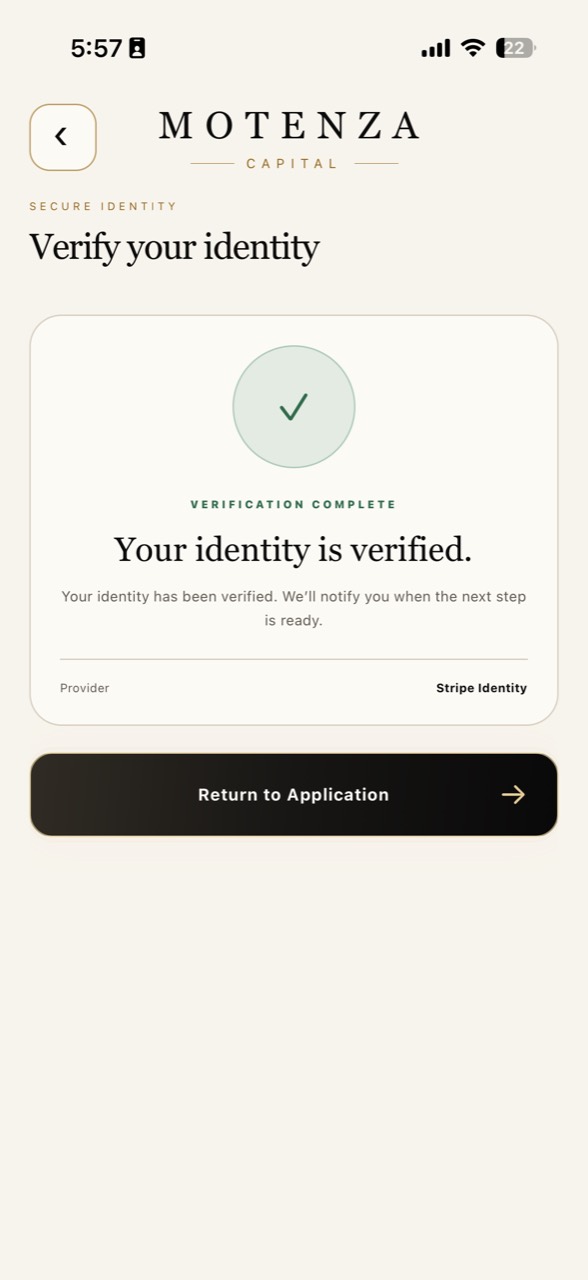 Motenza identity verification completed screen